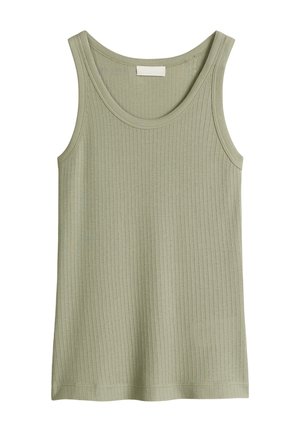 Jasnooliwkowy, prążkowany, dzianinowy, bezrękawnik z okrągłym dekoltem i małą prostokątną metką wewnątrz kołnierzyka.
