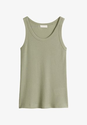 Jasnooliwkowy, prążkowany, dzianinowy, bezrękawnik z okrągłym dekoltem i małą prostokątną metką wewnątrz kołnierzyka.