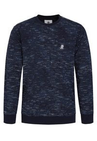 Sudadera azul marino con un patrón texturizado, cuello redondo y puños de canalé. Parche con el logo pequeño en la parte superior izquierda del pecho.