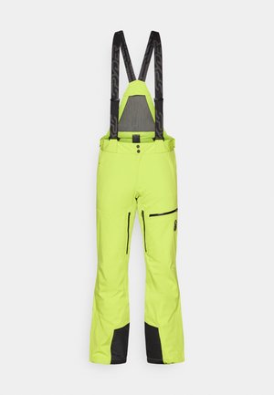 Helle neongrüne Skihose mit verstellbaren schwarzen Trägern, Reißverschluss-Taschen und schwarzen Akzenten am Saum und an den Taschen. Glatte Textur.