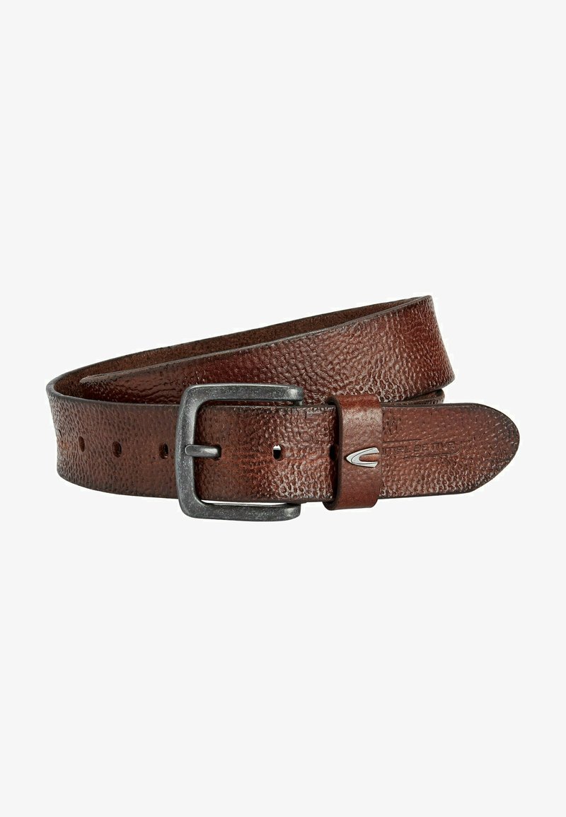 Brown leather belt with a textured finish, featuring a silver-toned metal buckle and several holes for adjustment.