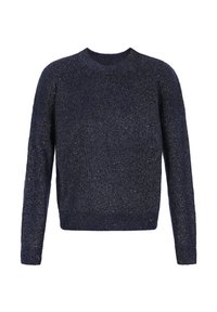 Pulover bleumarin realizat dintr-un material tricotat cu o suprafață texturată, având un decolteu rotund și mâneci lungi, împodobit cu accente subtile din fir metalic.