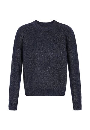 Maglione blu marina realizzato in tessuto a maglia con superficie texturizzata, dotato di scollo a giro e maniche lunghe, ornato con sottili accenti in filo metallico.
