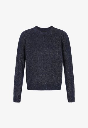 Marineblauwe trui van gebreide stof met een gestructureerd oppervlak, voorzien van een ronde hals en lange mouwen, versierd met subtiele metallic draadaccenten.