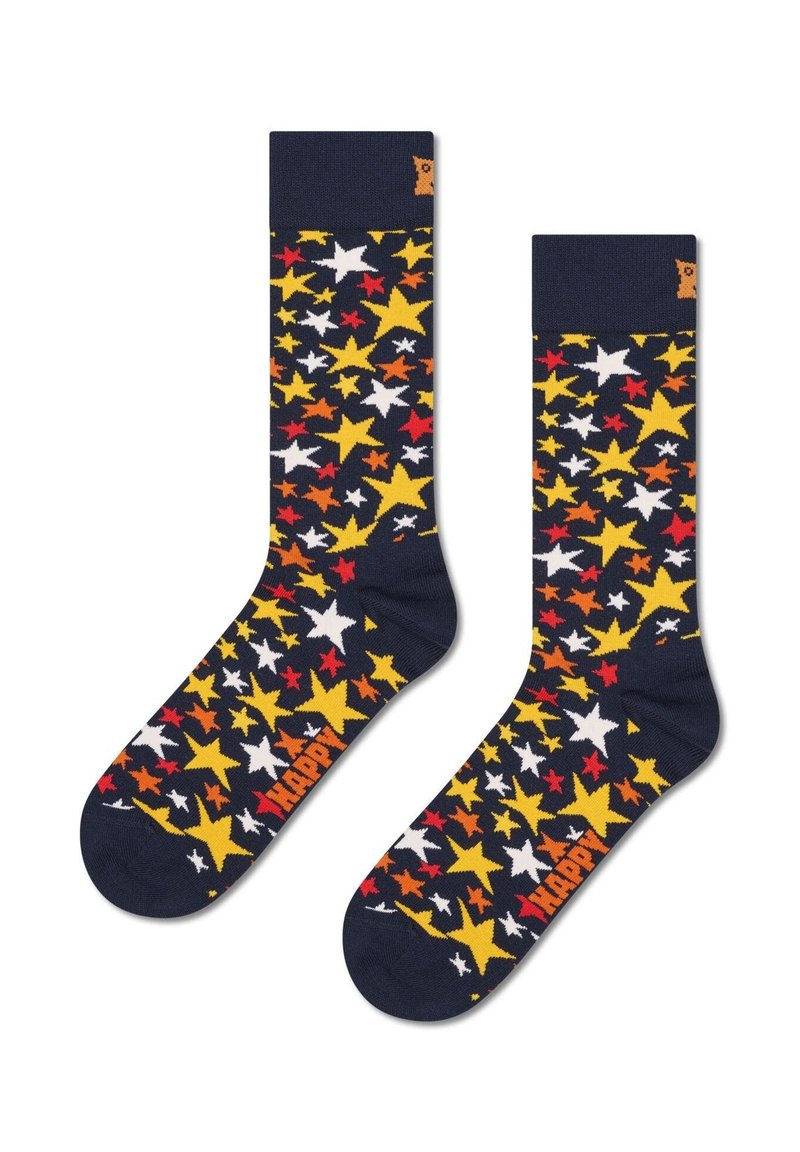 Calcetines azul marino con un patrón de estrellas multicolores en rojo, amarillo y blanco, con una parte superior acanalada y "HAPPY" en naranja en la puntera.