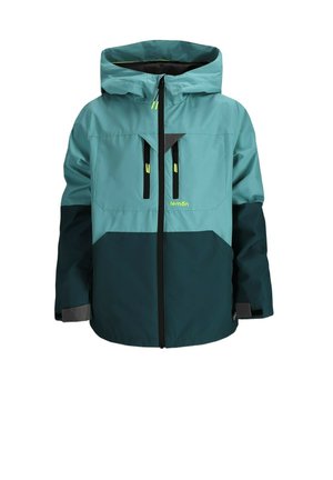 Dziecięca wodoodporna kurtka z kapturem w kolorze morskim i ciemnej zieleni, zapinana na suwak z przodu, z dwoma pionowymi kieszeniami na piersi zamykanymi na zamek z żółtymi uchwytami.