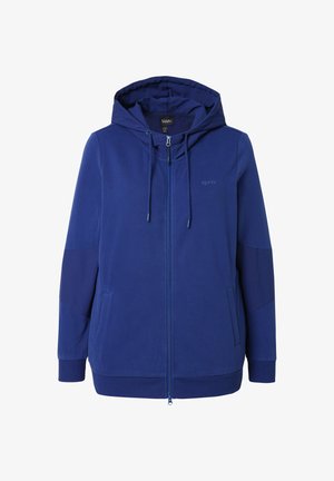 Dunkelblaue Zip-Hoodie aus weichem Stoff, mit einer Kordelzugkapuze, seitlichen Taschen und gerippten Bündchen für eine enge Passform.