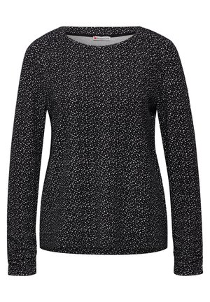 Camiseta de manga larga negra con cuello redondo, que presenta un estampado salpicado en blanco. Tejido suave con puños ajustados y dobladillo recto.