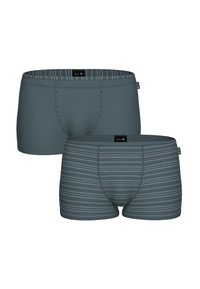 Due paia di boxer grigi; uno in tinta unita con tessuto testurizzato e l'altro con righe orizzontali in colori chiari. Entrambi presentano un elastico con logo.
