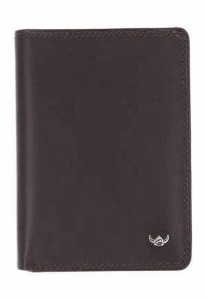 Dunkelbraune Lederbrieftasche mit abgerundeten Ecken und einem kleinen silbernen Logo mit einem stilisierten Horn-Design unten rechts.