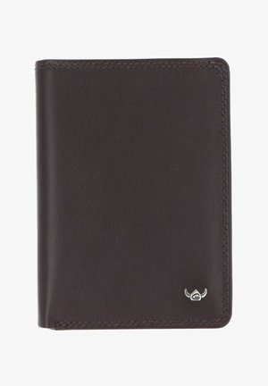 Portefeuille en cuir marron foncé avec des coins arrondis et un petit logo argenté présentant un design stylisé avec des cornes dans le coin inférieur droit.
