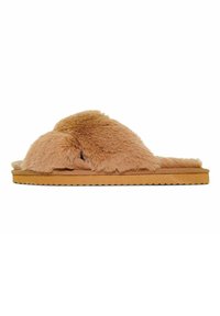 Tan fur slippers with a soft, fluffy texture, featuring a wide strap design and a textured sole. Rounded edges emphasize a cozy appearance.