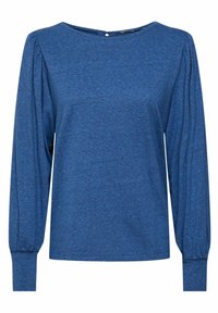 Modrý dámský top s dlouhým rukávem, lehce nařasenými rameny, kulatým výstřihem a přiléhavými manžetami.