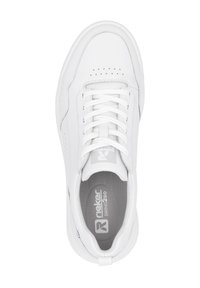 Weißer Sneaker mit einem Obermaterial aus glattem Leder, rundem Zeh und perforierten Details. Mit weißen Schnürsenkeln und einer strukturierten grauen Innensohle mit Markenlogo.
