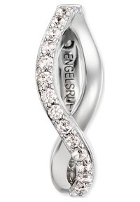 Orecchino in argento con un design intrecciato, adornato lungo un bordo con numerose piccole pietre trasparenti e rosa, finitura liscia e interno inciso.