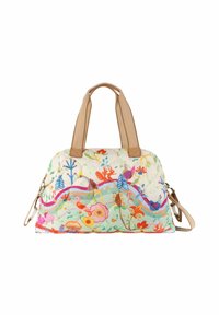 Gequilted handtas met een bloemen- en vogelprint in levendige kleuren. Twee korte handvatten en een afneembare schouderband. Gemaakt van duurzaam materiaal.