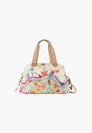 Gequilted handtas met een bloemen- en vogelprint in levendige kleuren. Twee korte handvatten en een afneembare schouderband. Gemaakt van duurzaam materiaal.
