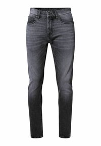 Jeans en denim gris foncé pour homme, coupe slim, avec fermeture à bouton et zip, poches avant et arrière, et un léger délavage sur les cuisses.
