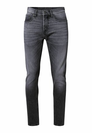 Jeans en denim gris foncé pour homme, coupe slim, avec fermeture à bouton et zip, poches avant et arrière, et un léger délavage sur les cuisses.