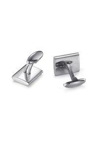 Silver rectangular cufflinks with curved ends, featuring a polished metal finish and a smooth, reflective surface.