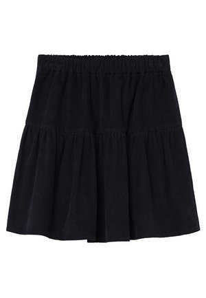 Jupe noire à volants avec une taille élastique, fabriquée en tissu doux. Elle présente une coupe décontractée et une texture lisse, idéale pour une tenue décontractée.