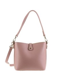 Roze leren handtas met een gestructureerde afwerking, een bovenste drukknoopsluiting en een verstelbare schouderband. Accenten in goudkleurig beslag.