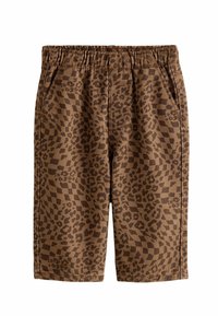 Pantaloni corti marroni con un motivo a scacchi e maculato, dotati di una vita elasticizzata, due tasche laterali e un tessuto liscio e texturizzato.
