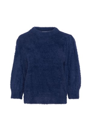 Navy blue, textured sweater with a high neckline, long sleeves, and a soft, fuzzy fabric. Features a relaxed fit and ribbed cuffs.