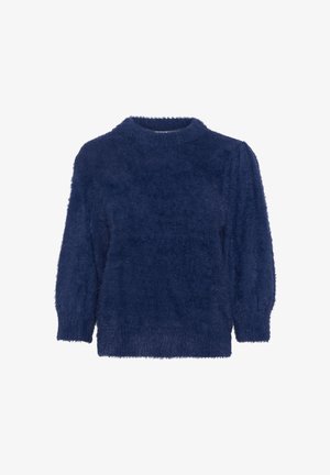 Navy blue, textured sweater with a high neckline, long sleeves, and a soft, fuzzy fabric. Features a relaxed fit and ribbed cuffs.