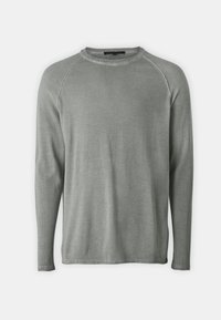 Maglione a maniche lunghe con scollo rotondo di colore grigio chiaro, con maniche raglan e una texture morbida e liscia.