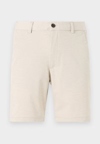 Beige shorts made of lightweight fabric, featuring a front button closure, belt loops, and a smooth texture. Hemline is straight.