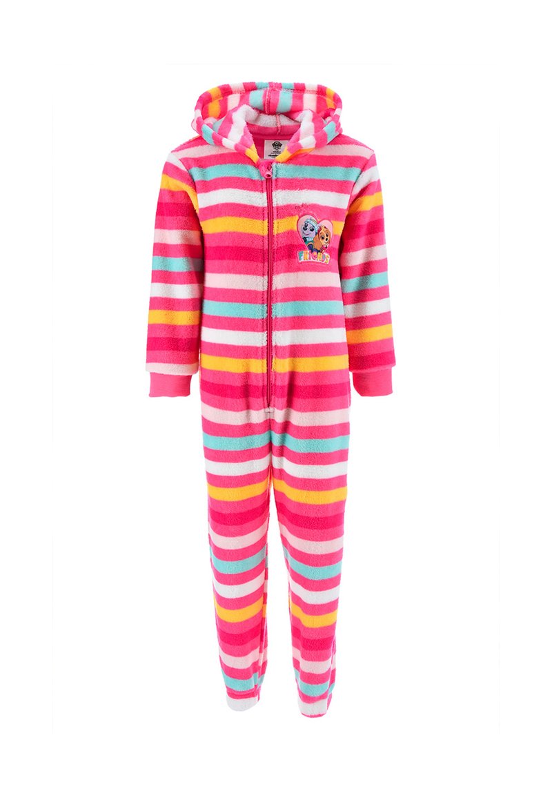 Monos con capucha a rayas en rosa, azul y amarillo. Material de felpa suave con una cremallera frontal y un parche de personaje en el pecho.