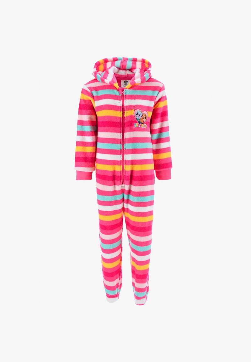 Monos con capucha a rayas en rosa, azul y amarillo. Material de felpa suave con una cremallera frontal y un parche de personaje en el pecho.