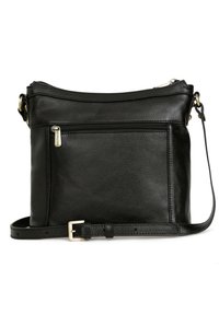 Borsa a tracolla nera in pelle con finitura testurizzata, dotata di apertura con zip, tasca frontale e tracolla regolabile. Accessori in metallo color oro.