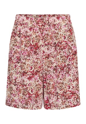 Shorts taille haute avec plis, présentant un motif floral abstrait dans des nuances de rose, rouge, marron et blanc.