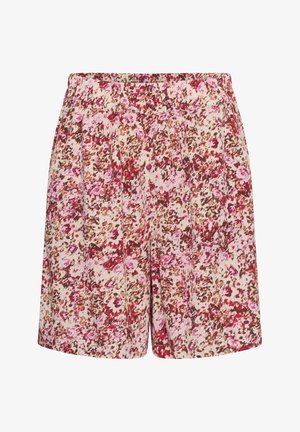 Shorts taille haute avec plis, présentant un motif floral abstrait dans des nuances de rose, rouge, marron et blanc.