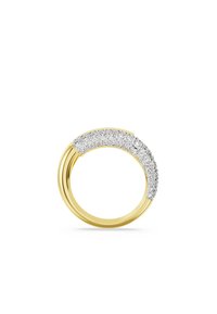 Gold ring featuring a curved band adorned with a glittering silver row of gemstones on one side, creating a polished finish.