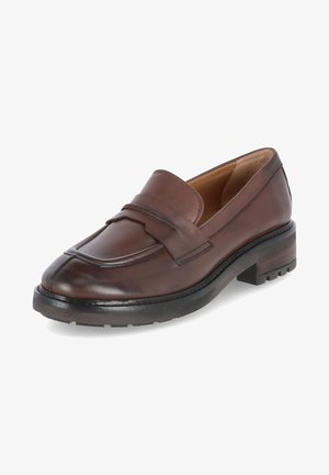 Mocassino in pelle marrone con punta arrotondata, cucitura superiore prominente, suola testurizzata e tacco basso a blocco. Presenta un accento cucito nella parte anteriore.