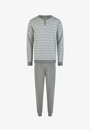 Ensemble de pyjama gris pour homme en deux pièces, avec un haut à manches longues rayé, col boutonné et taille et poignets élastiques gris uni.