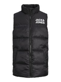 Črna podložena usnjena jakna blagovne znamke Jack & Jones z visokim ovratnikom, sprednjim zadrgo, stranskimi žepi in belim tiskom logotipa na prsih.