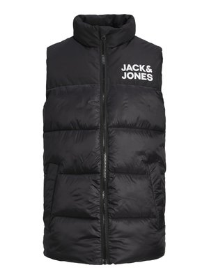 Svart vadderad väst från Jack & Jones med hög krage, framdragkedja, sidofickor och vit logotryck på bröstet.