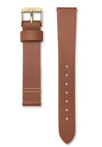 Bruine leren horlogeband met een gouden metalen gesp, met een getextureerde afwerking, een decoratieve band met gouden accenten en meerdere verstelgaten.