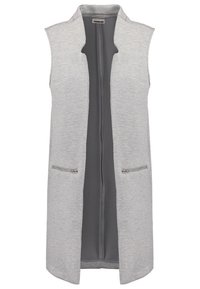 Gilet long gris clair sans manches avec col montant et deux poches zippées horizontales à l'avant.