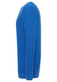 Blauer langärmeliger Pullover, gestrickte Textur, Rundhalsausschnitt, gerippte Bündchen und Saum, einfarbig ohne Muster.