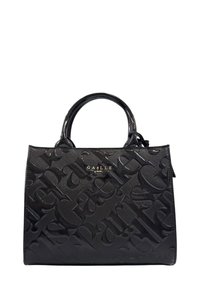Borsa nera con motivo in rilievo e finitura lucida. Presenta due manici arrotondati e un piccolo logo decorativo sulla parte anteriore. Forma rettangolare.