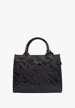 Borsa nera con motivo in rilievo e finitura lucida. Presenta due manici arrotondati e un piccolo logo decorativo sulla parte anteriore. Forma rettangolare.