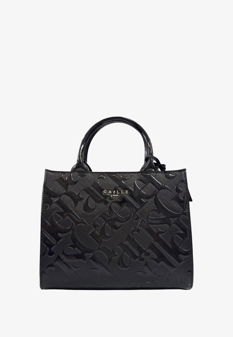 Borsa nera con motivo in rilievo e finitura lucida. Presenta due manici arrotondati e un piccolo logo decorativo sulla parte anteriore. Forma rettangolare.
