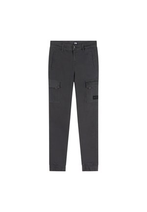 Cargo-Hosen aus dunkelgrauem Stoff, mit Seitentaschen, elastischen Bündchen und einem geraden Beindesign mit sichtbaren Nähten.