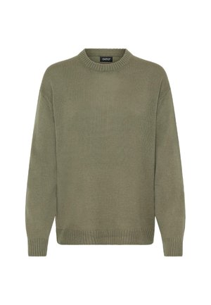 Oliven grøn striktrøje med rund hals, ribbestrikkede manchetter og kant. Stoffet har et blødt, tekstureret udseende. Let og afslappet design.
