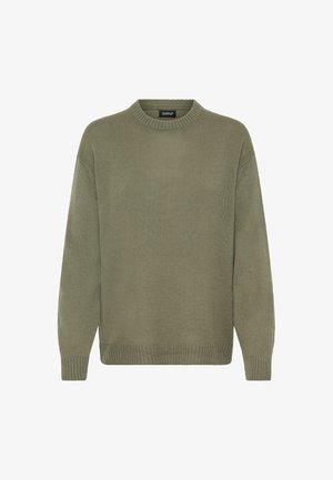 Olivengrønn strikkegenser med rund hals, ribbestrikkede mansjetter og nederkant. Stoffet har en myk, teksturert overflate. Lettvektig og uformell design.